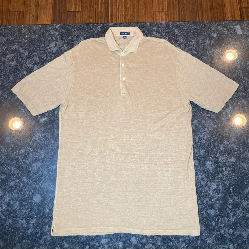 Peter Millar Crown Crafted Polo Shirt Mens Large Brown Tan Linen